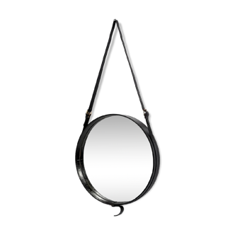 Jacques Adnet circular leather and brass mirror