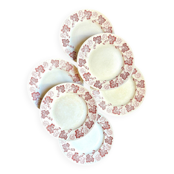 6 assiettes plates Lunéville en terre de fer rose, service ''Jeannette