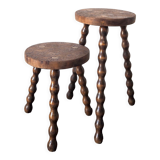 Duo de tabourets tripodes en ronce de noyer