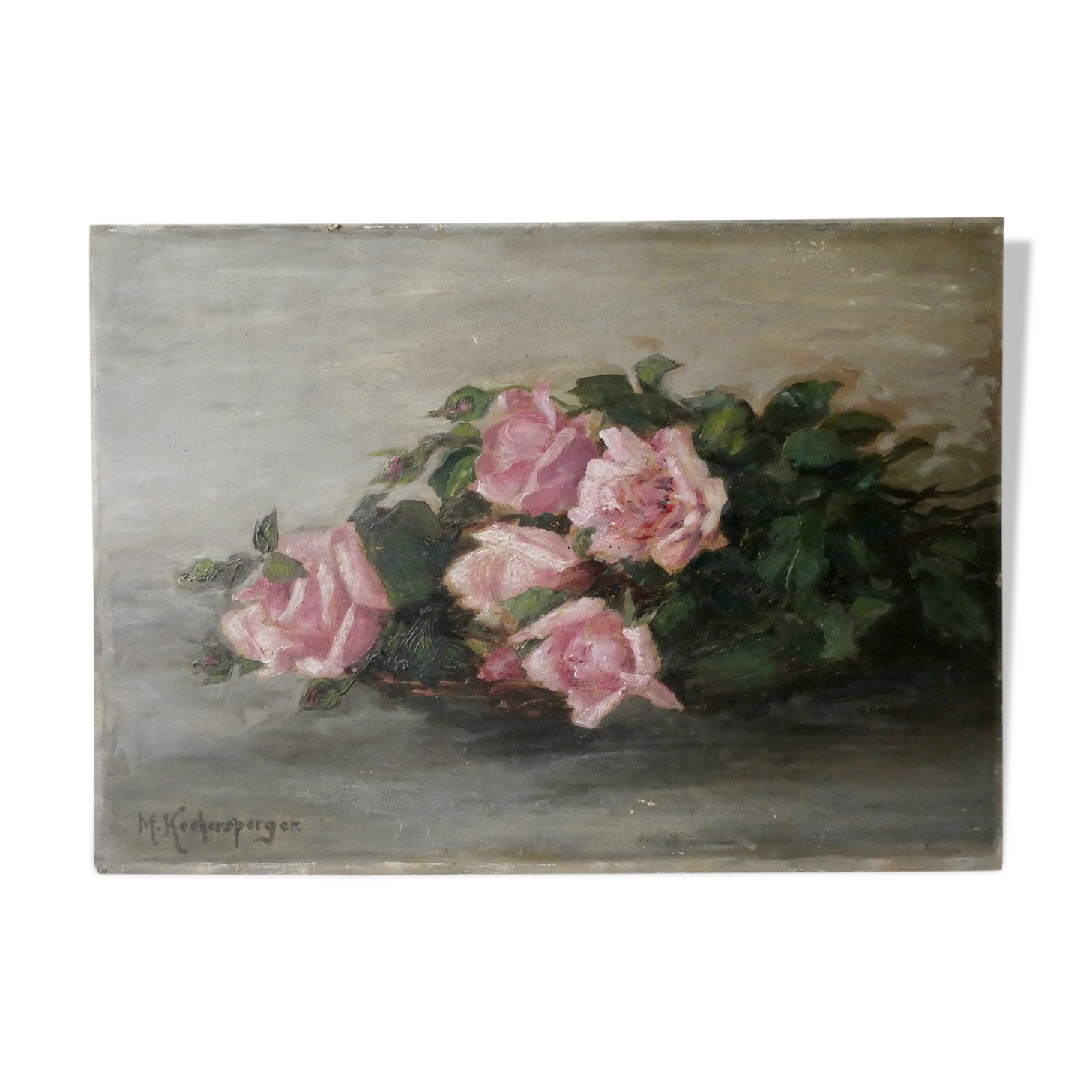 Table, oil on cardboard, bouquet of roses, 1930s