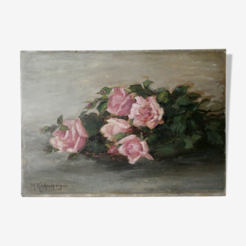 Tableau huile sur carton bouquet de roses années 30