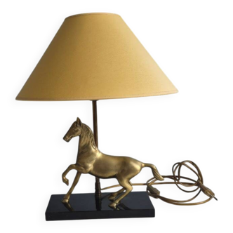 Horse lamp in brass and wood