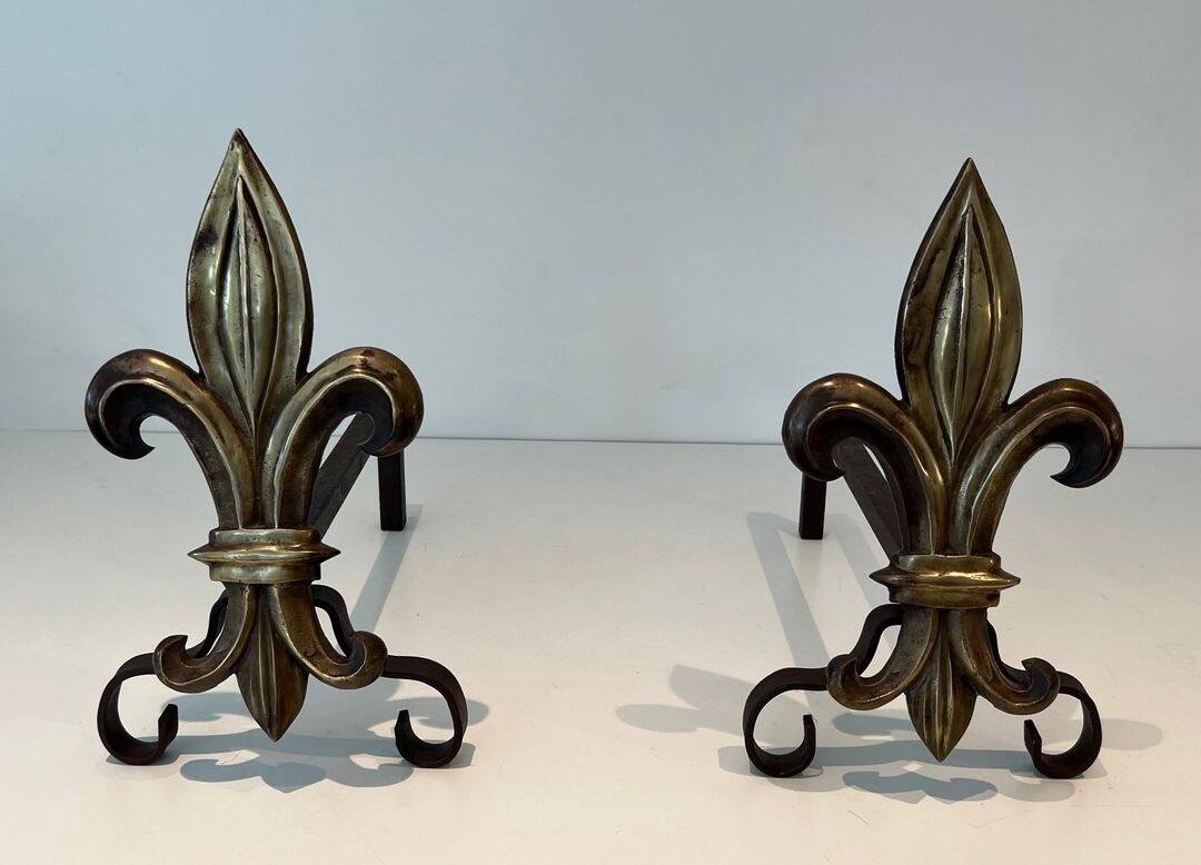 Pair of Bronze and Wrought Iron Chenets with Fleur-de-Lys Supports. France.