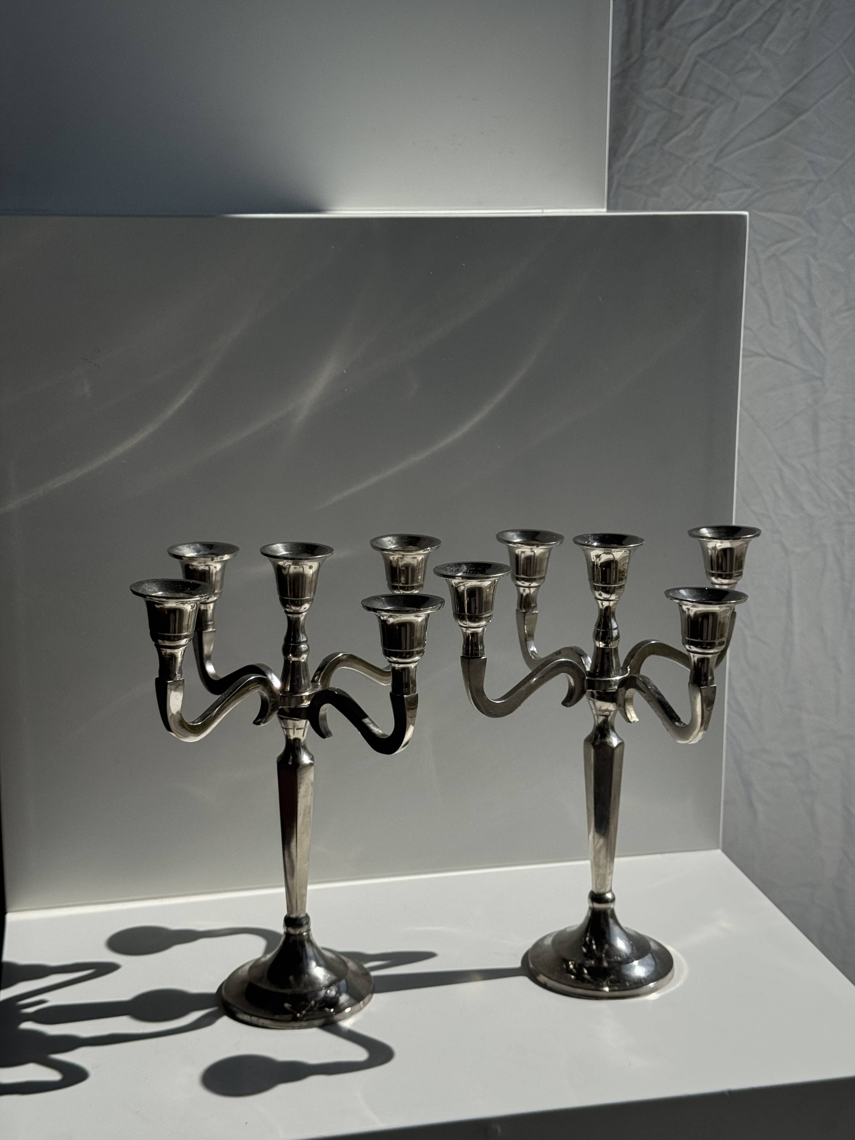 Pair of 5-arm silver-plated metal candlesticks H27