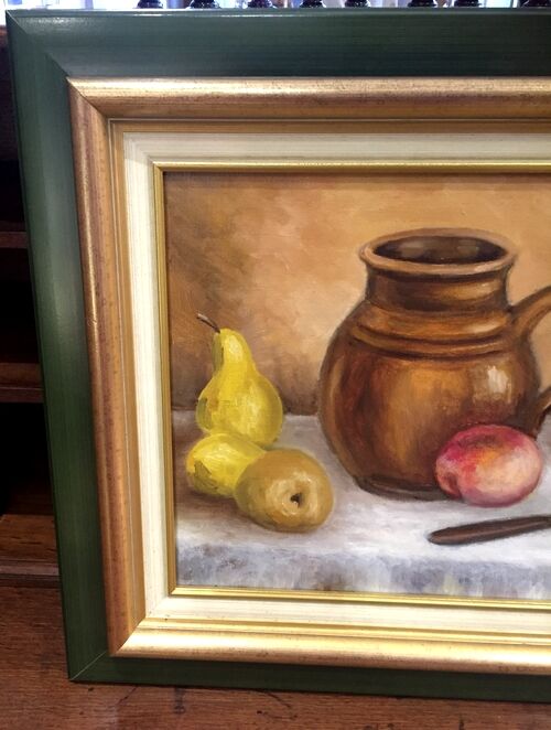 Very beautiful still life representing peaches, pears, knife and pitcher by Roland Jeunot