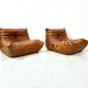 Togo lounge chairs in cognac cow leather attributed to Michel Ducaroy for Ligne Roset, set of 2