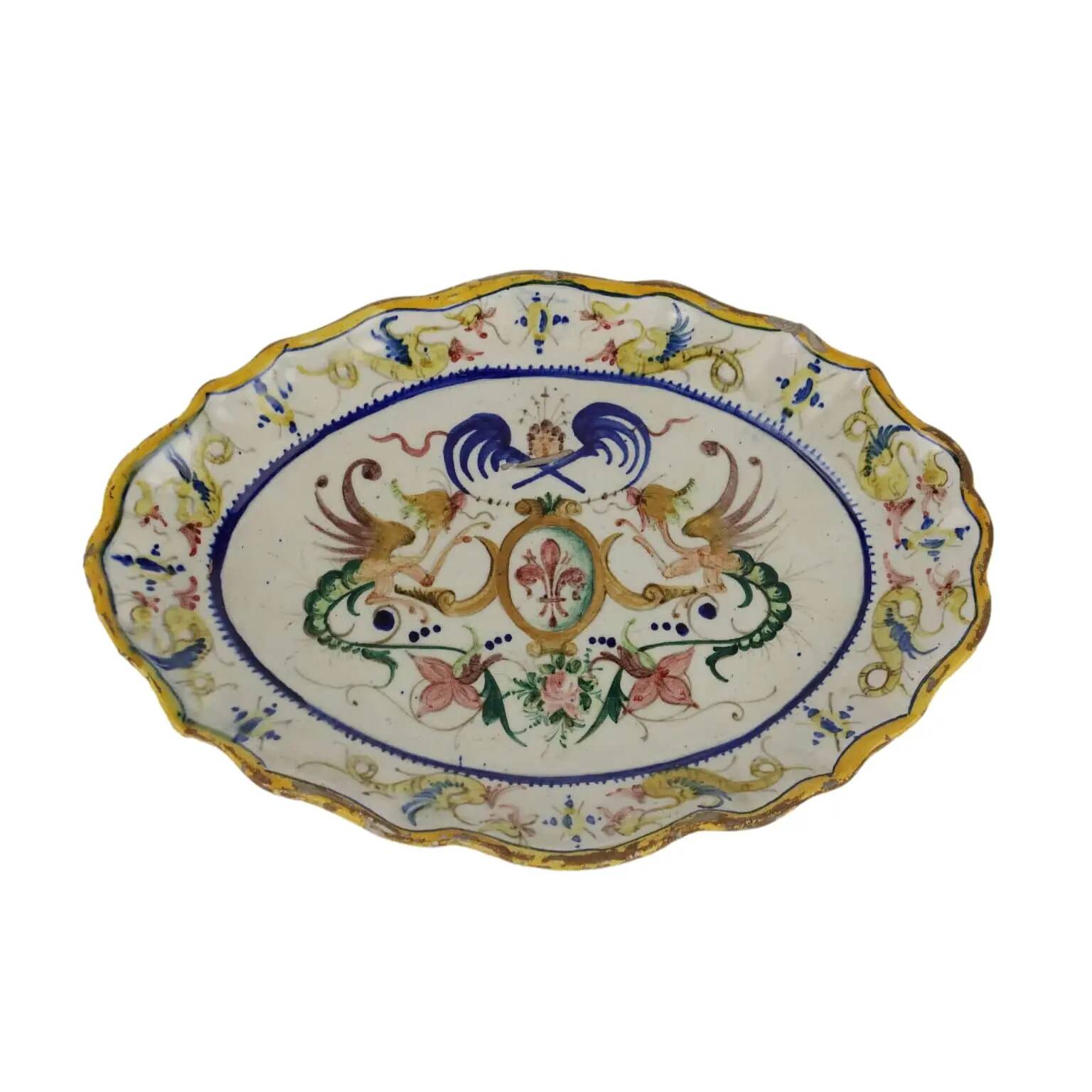 Ancient oval plate in majolica, Italy, late 19th century.