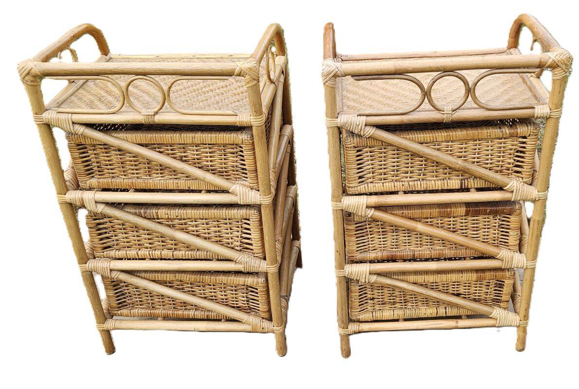 2 vintage bamboo and rattan bedside tables from the 1970s