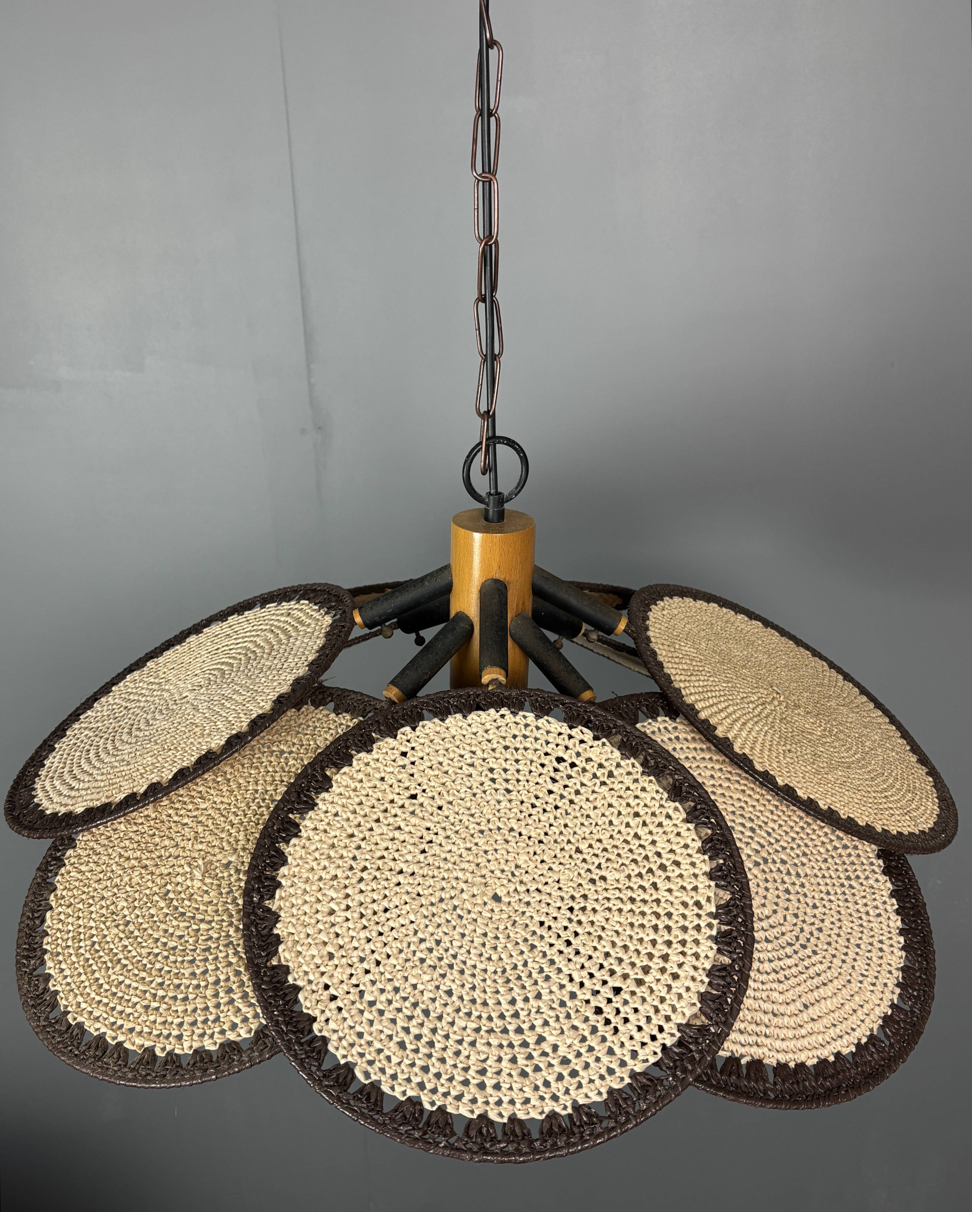Midcentury uchiwa fan macrame fiber rattan hanging pendant lamp, 1970s