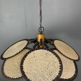 Midcentury uchiwa fan macrame fiber rattan hanging pendant lamp, 1970s