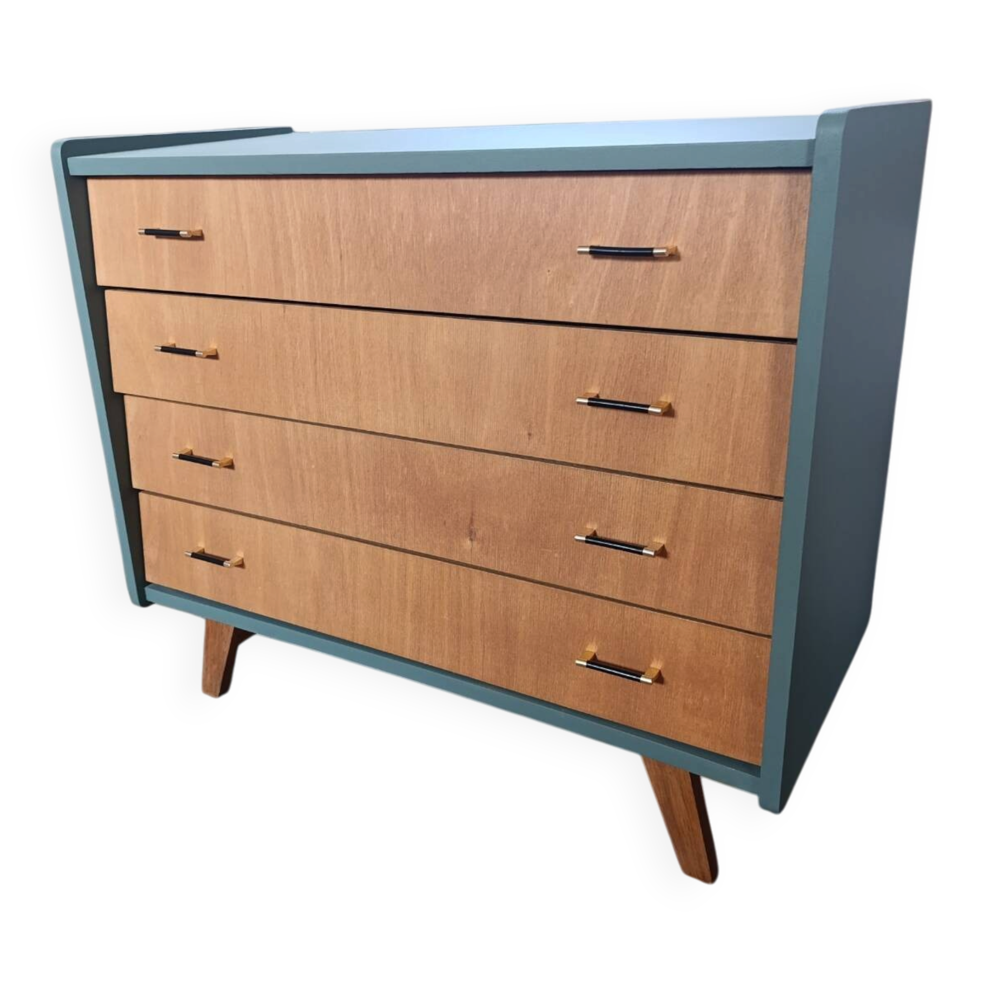 Commode vintage années 60 – restaurée – vert cactus & bois naturel