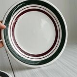2 green and burgundy strip dessert plates.