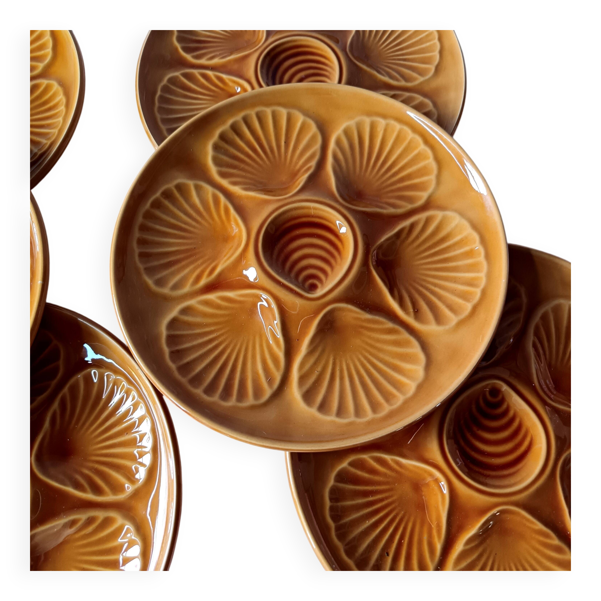 6 OYSTER PLATES amber earthenware France