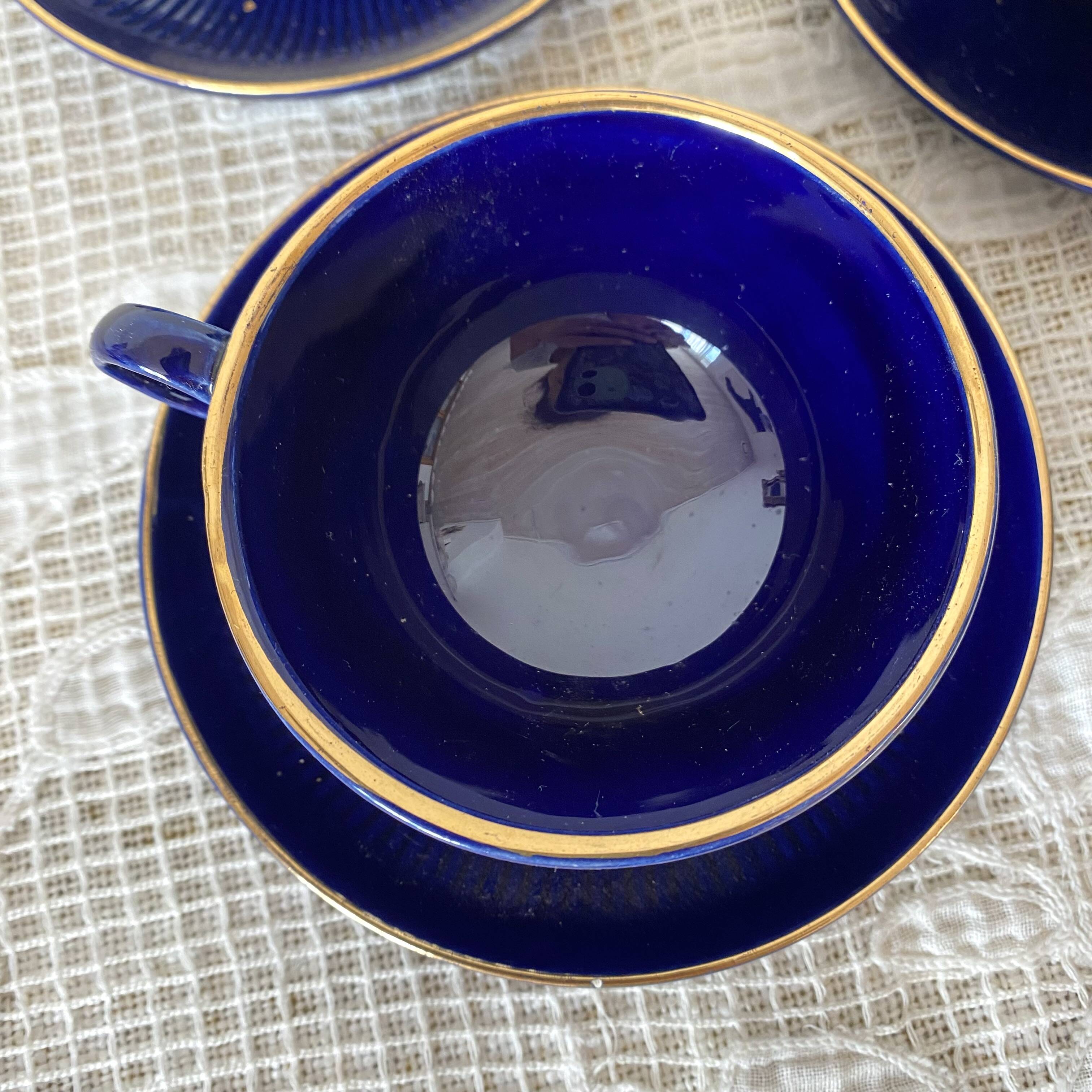 Midnight blue and gold coffee cups and saucers