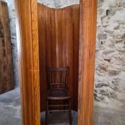 Large French folding screen in pine, room divider, 1950s, attributed to Baumann.