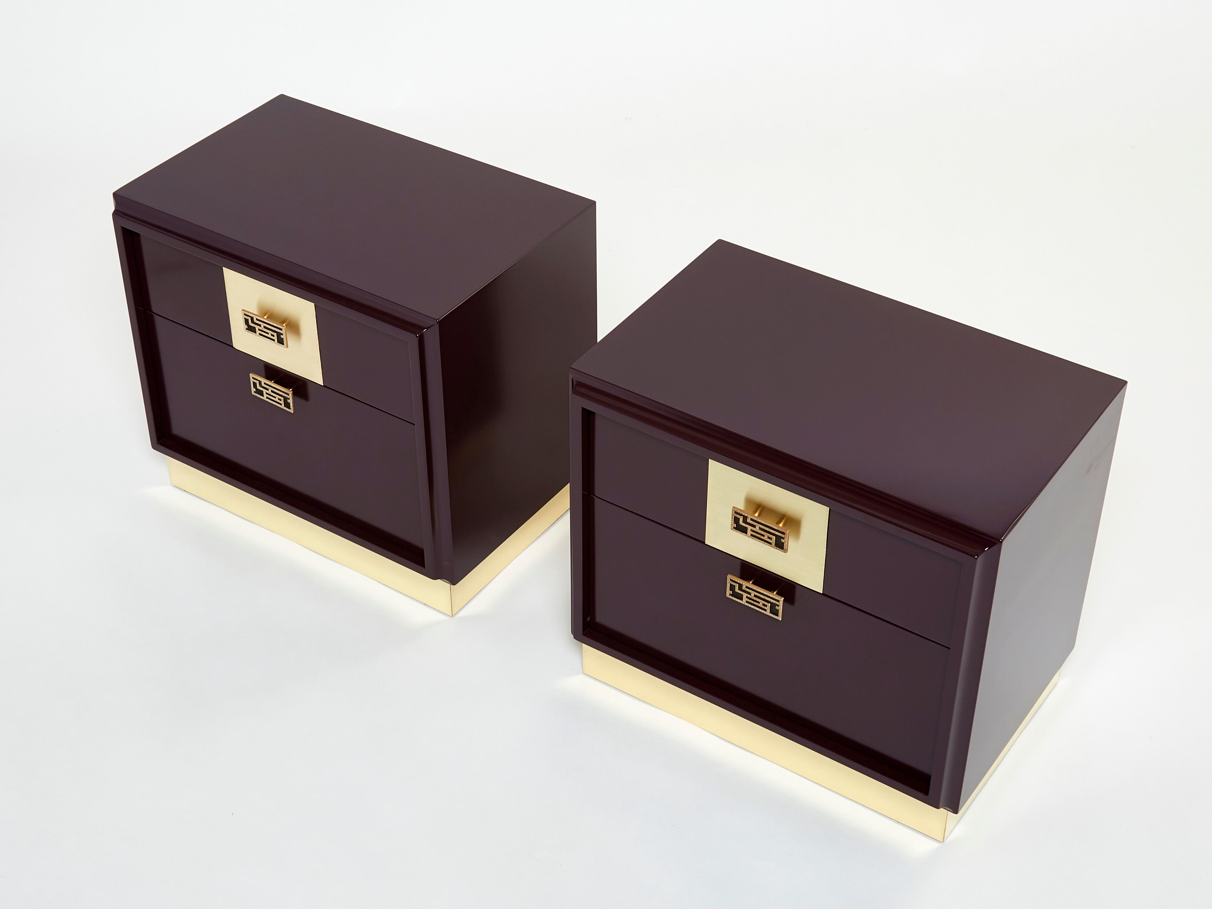 Pair of brass plum lacquer bedside tables Luciano Frigerio Italy 1970