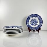Set of 6 blue earthenware soup plates, floral and bird decoration, early