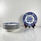 Set of 6 blue earthenware soup plates, floral and bird decoration, early