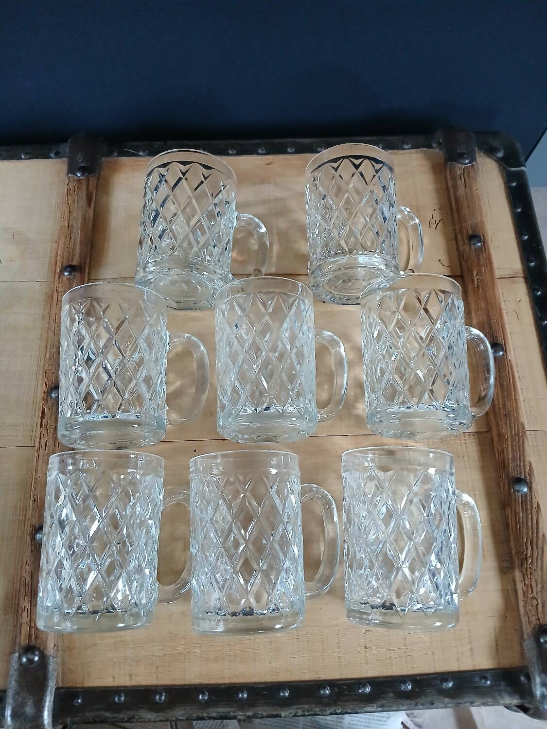 8 antique chiseled glass glasses / mugs