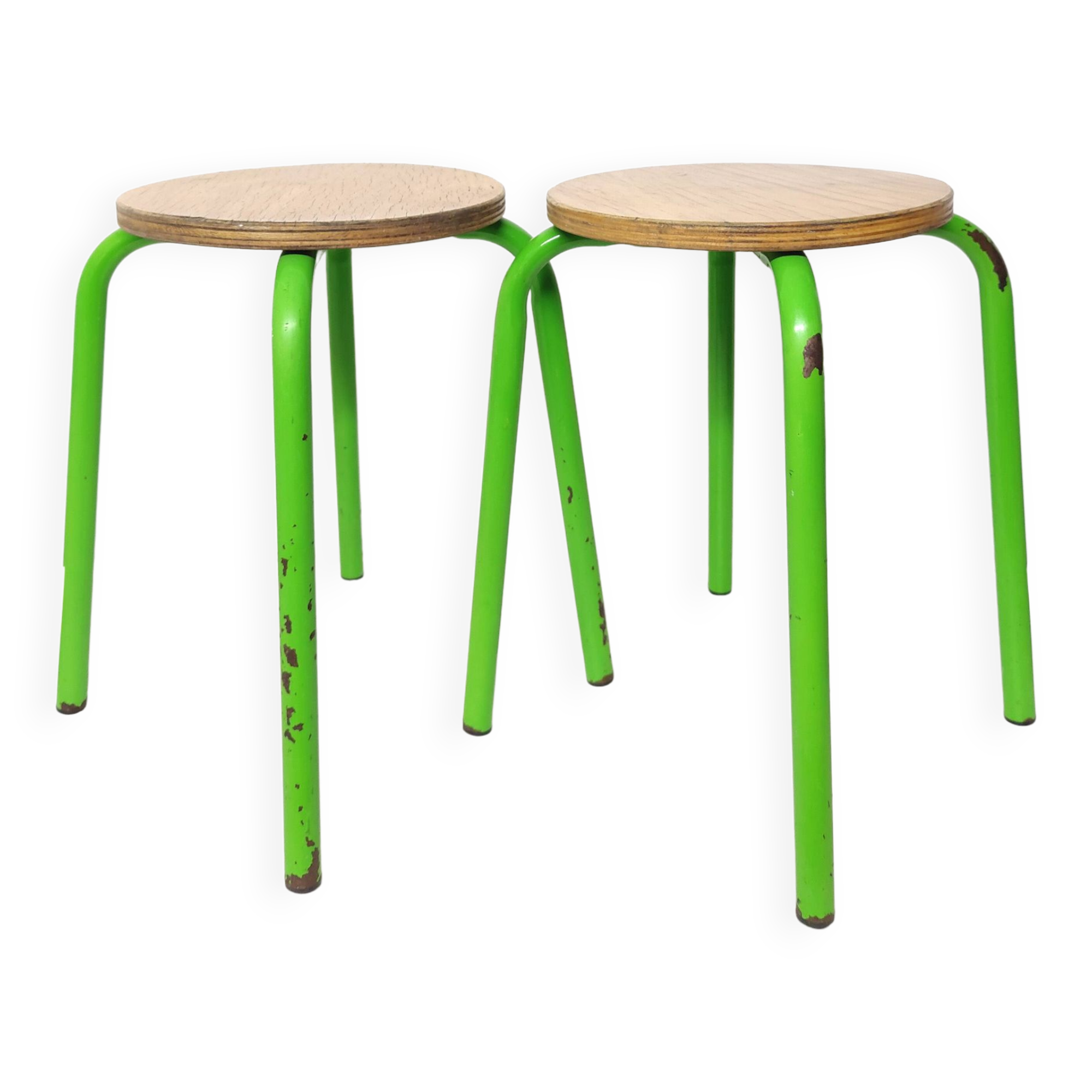 Set of 2 vintage green metal and wood stools
