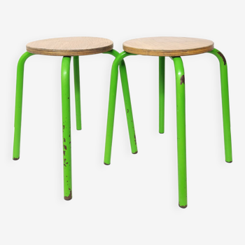 Set of 2 vintage green metal and wood stools