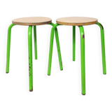 Set of 2 vintage green metal and wood stools