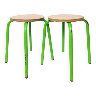 Set of 2 vintage green metal and wood stools