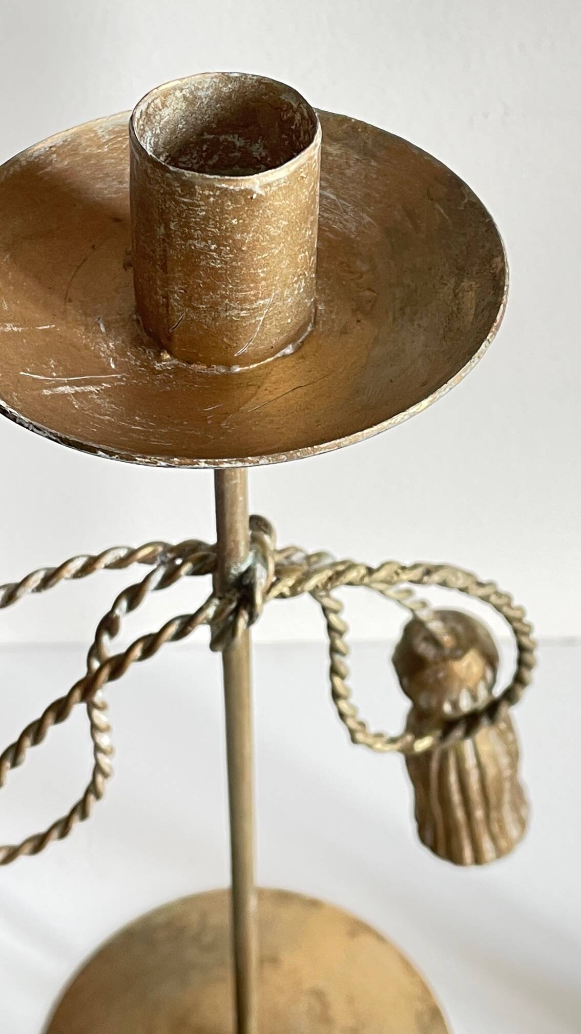 Trio of vintage knotted candlesticks brass