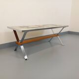Vintage coffee table from the 60s and 70s in ceramic, chrome metal, and wood.