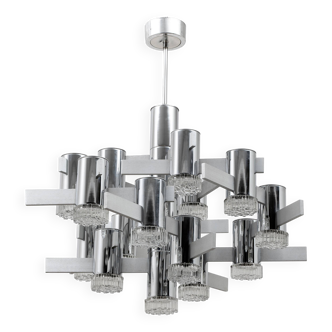 Geometric chrome and crystal chandelier, Gaetano Sciolari, Italy, 1970s