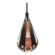 A teardrop-shaped pendant lamp made of copper, black metal, and prisms.
