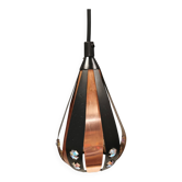 A teardrop-shaped pendant lamp made of copper, black metal, and prisms.