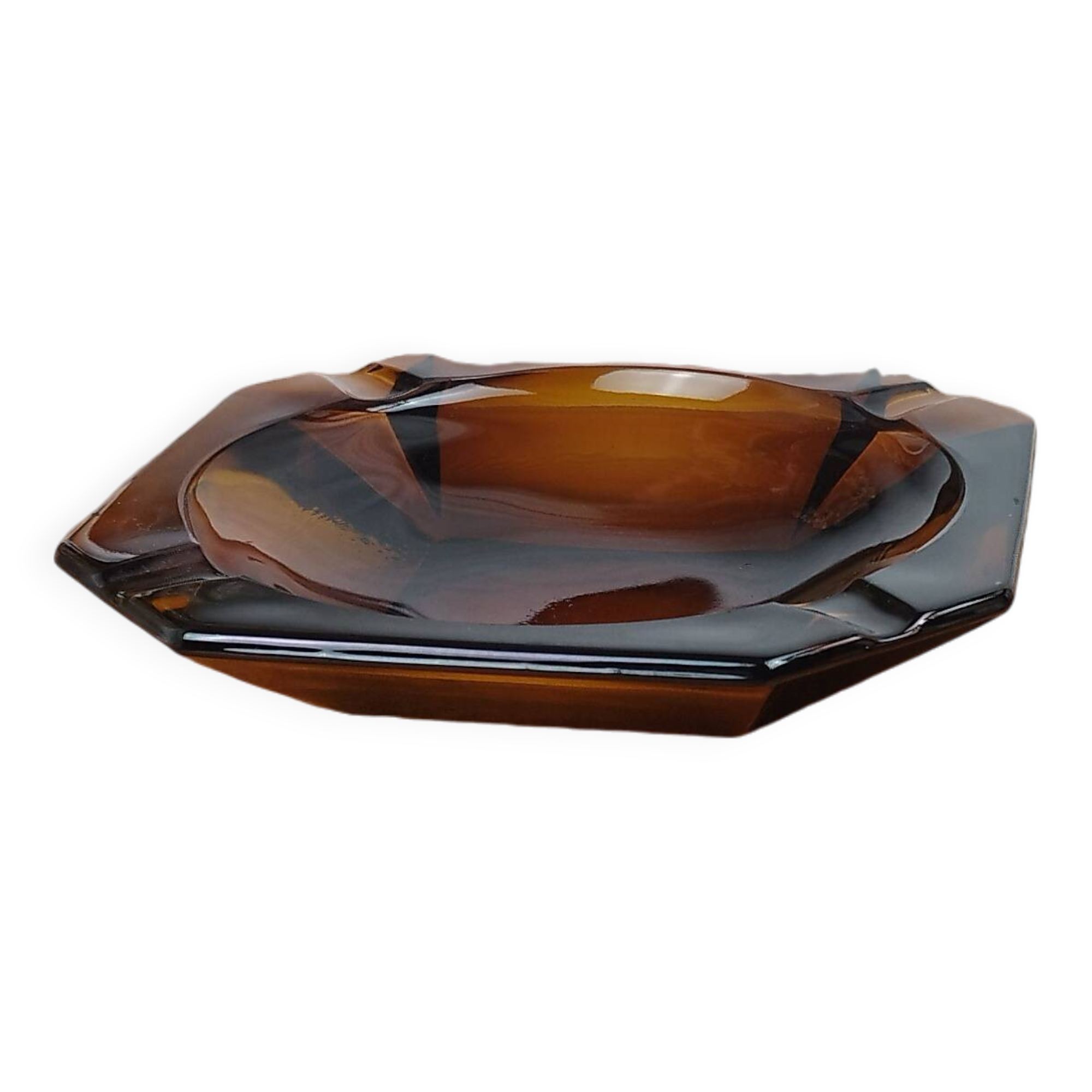 Large Geometric Amber Yellow Glass Ashtray Vintage Art Deco Style