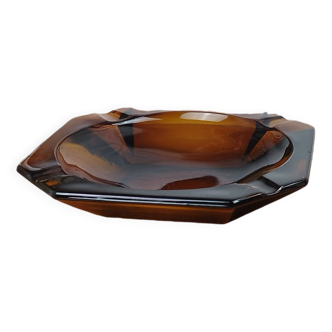 Large Geometric Amber Yellow Glass Ashtray Vintage Art Deco Style