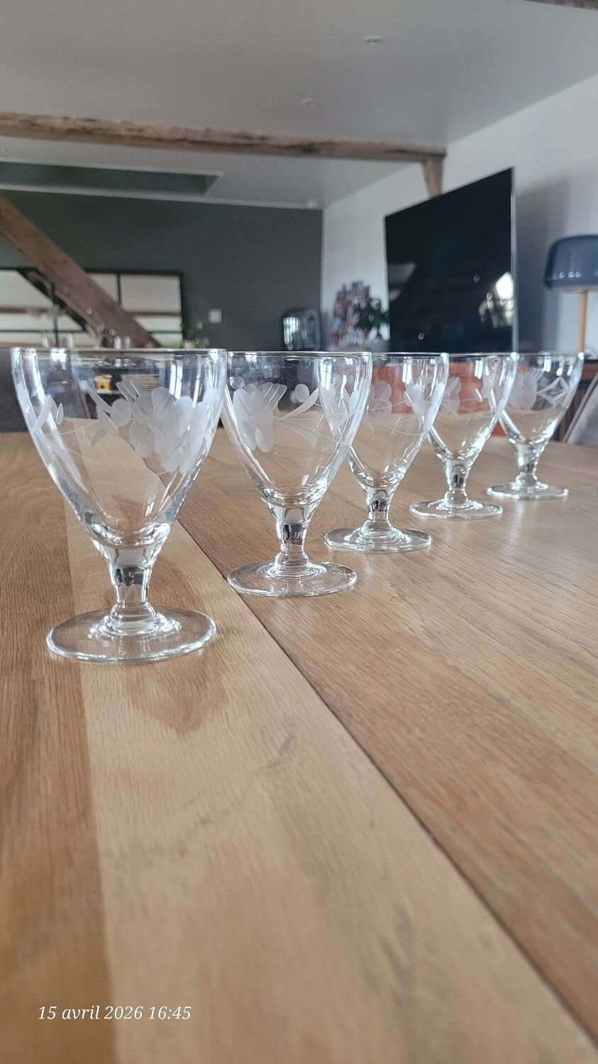 5 small vintage engraved glass cups