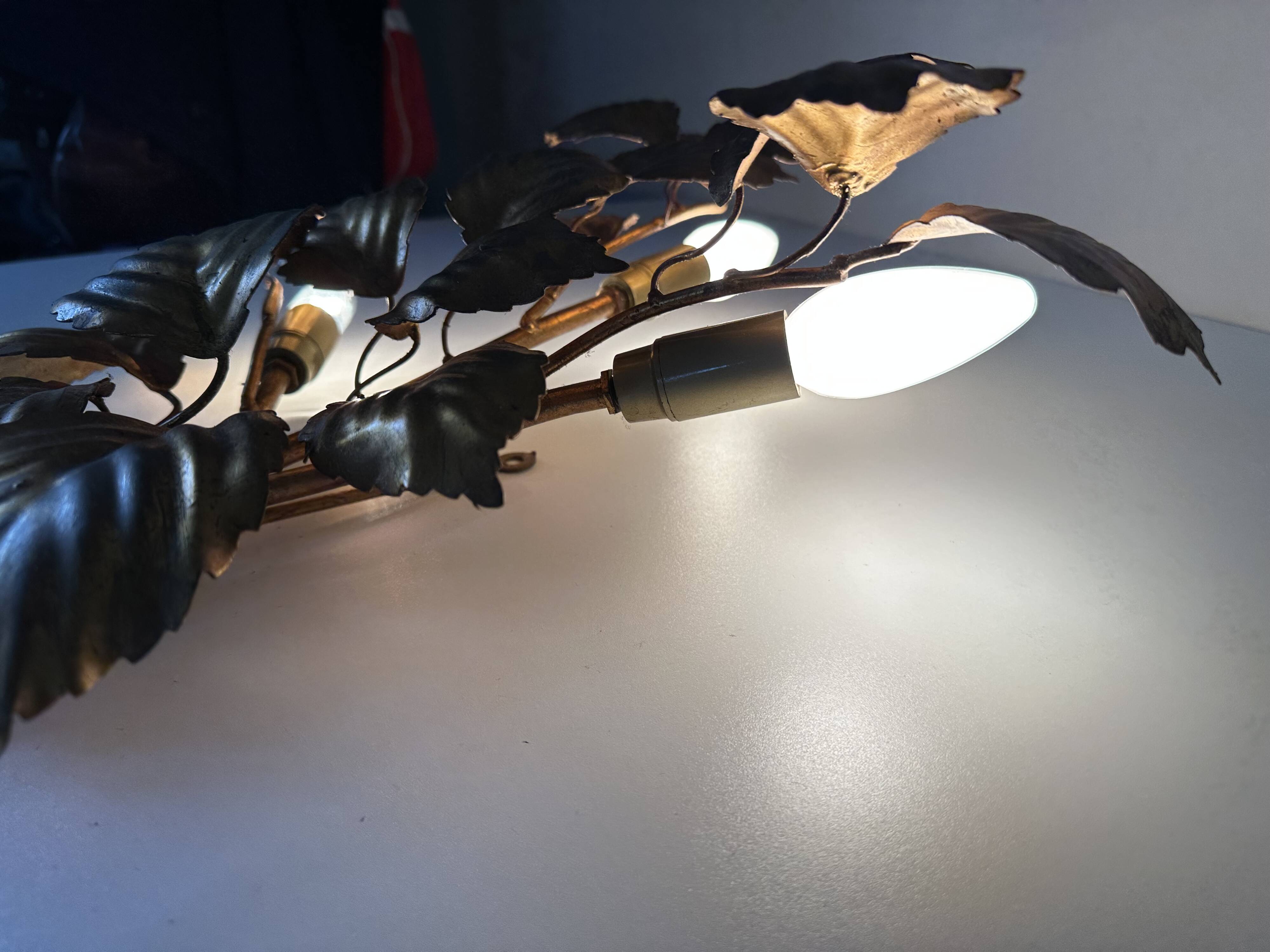 Large golden leaf wall lamp vintage design 70s