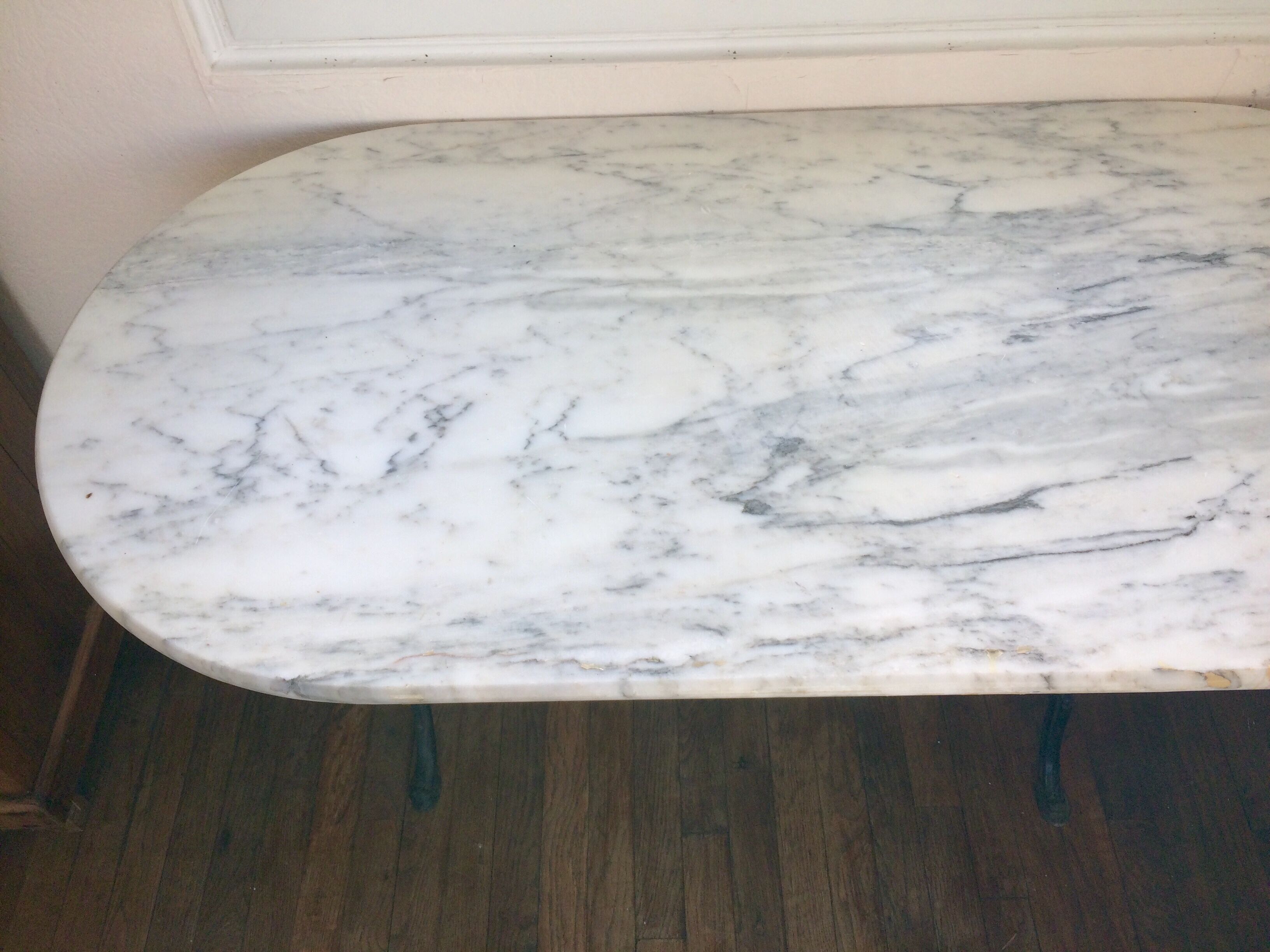 Marble oval tray bistro table and cast iron frame