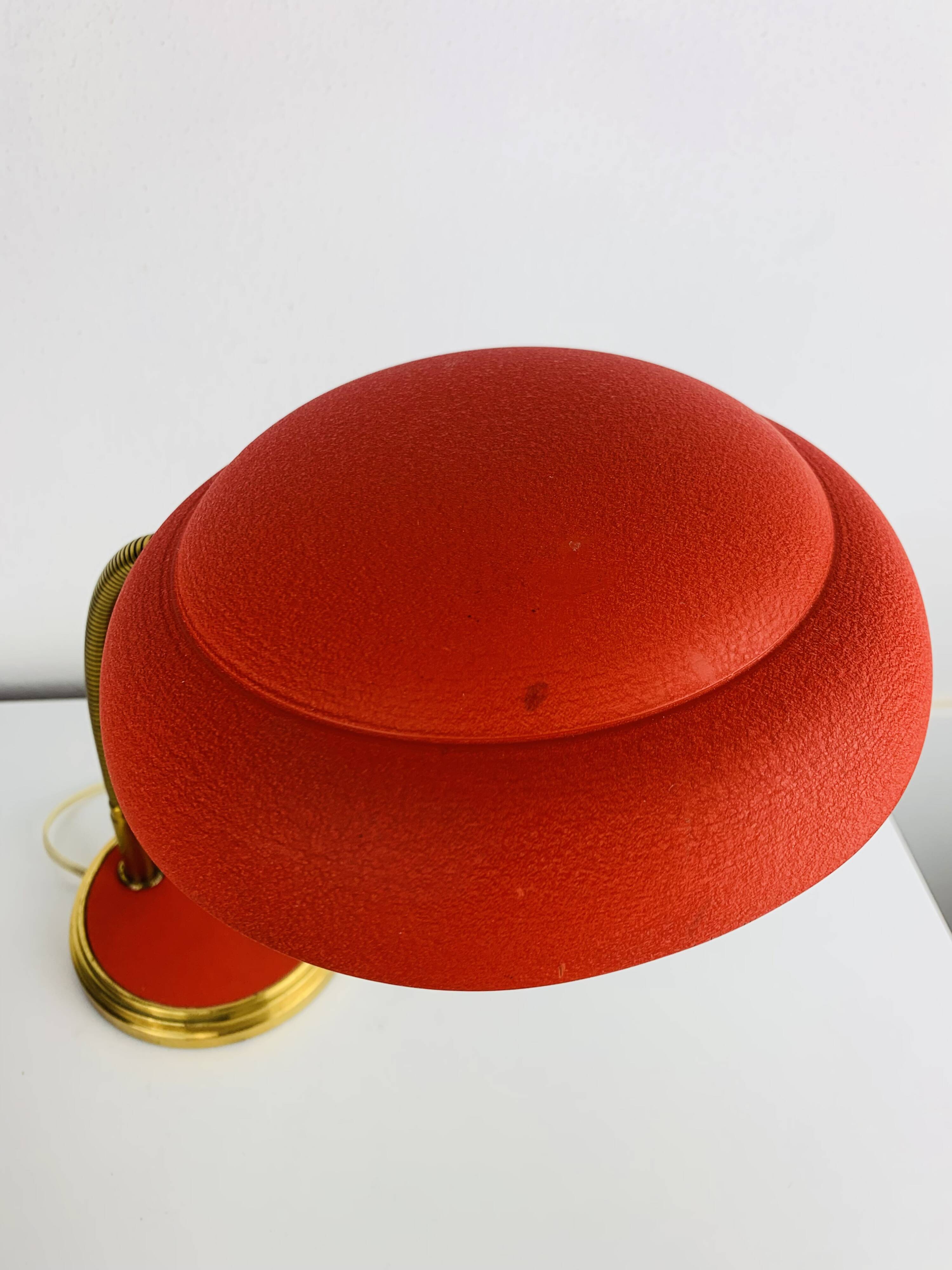 1950s desk lamp, red metal and brass