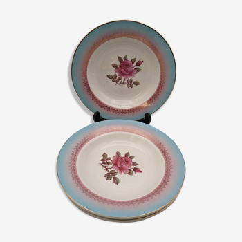 Lot de 4 assiettes creuses Digoin Sarreguemines modèle Pelleas fleur rose