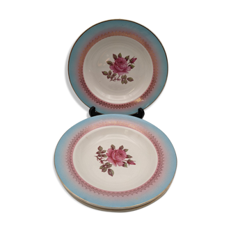 Lot de 4 assiettes creuses Digoin Sarreguemines modèle Pelleas fleur rose