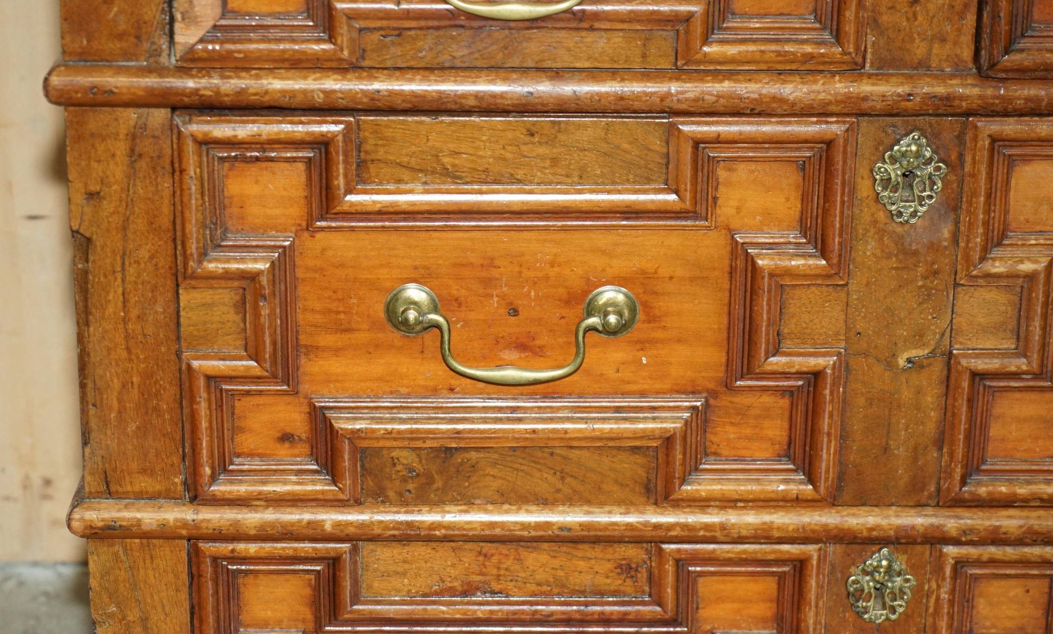 17th Century Antique Oak Commode with Two Rows of Drawers