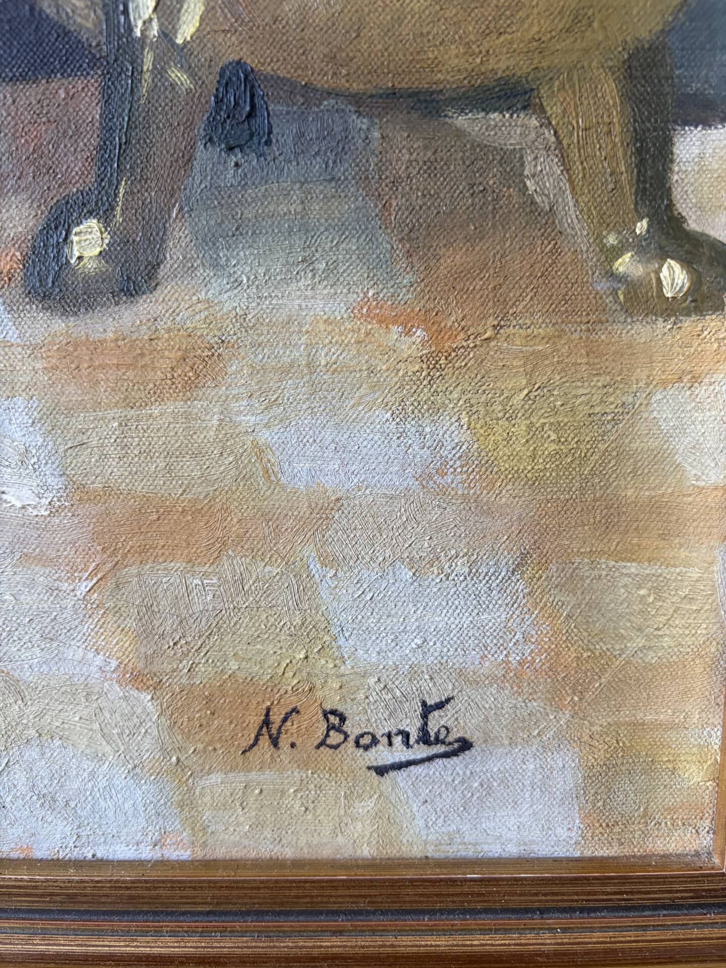 Still life on checked tablecloth, oil on canvas signed N Bonté.