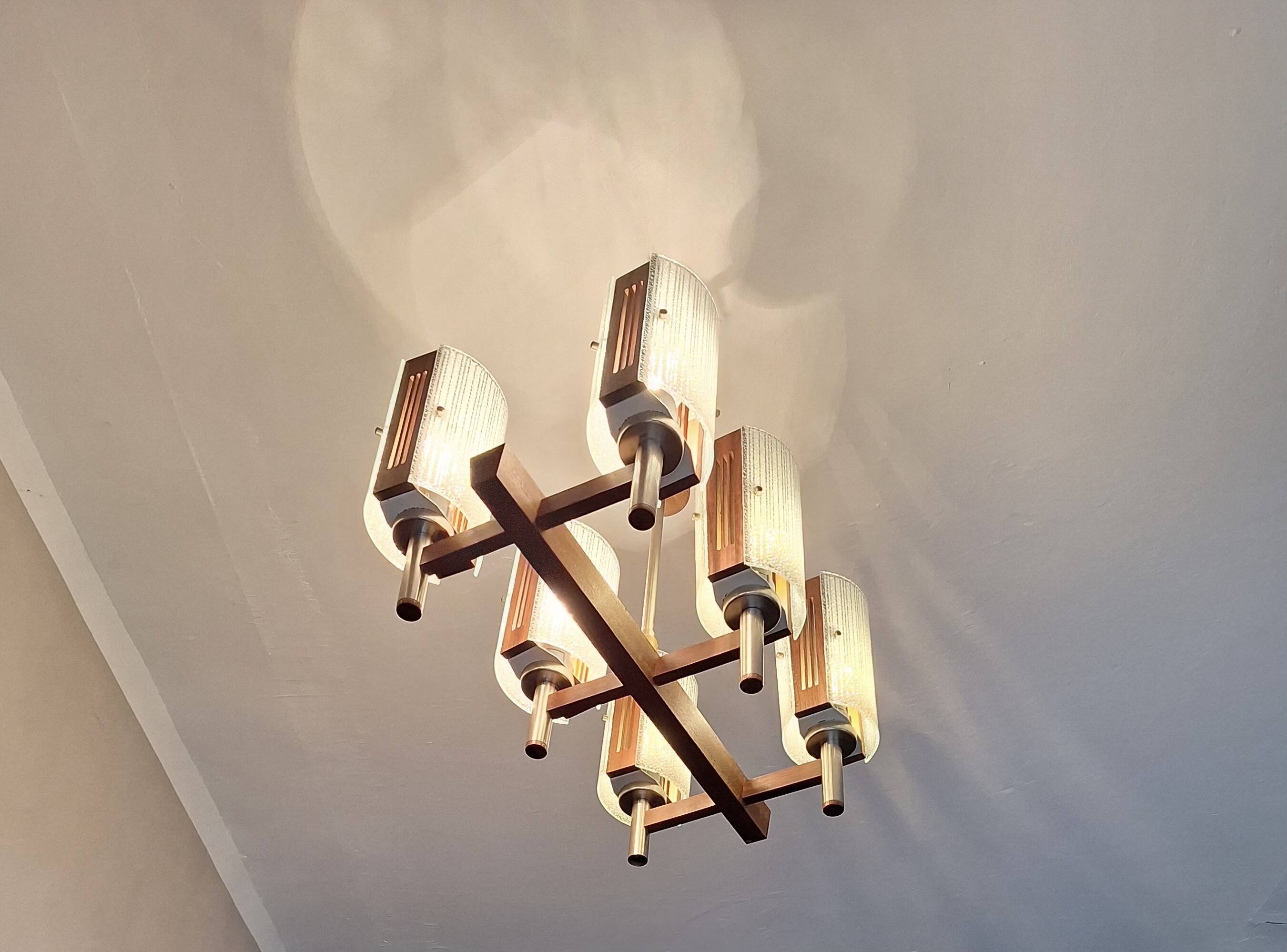 Brutalist teak and art glass chandelier, Italy 1960s