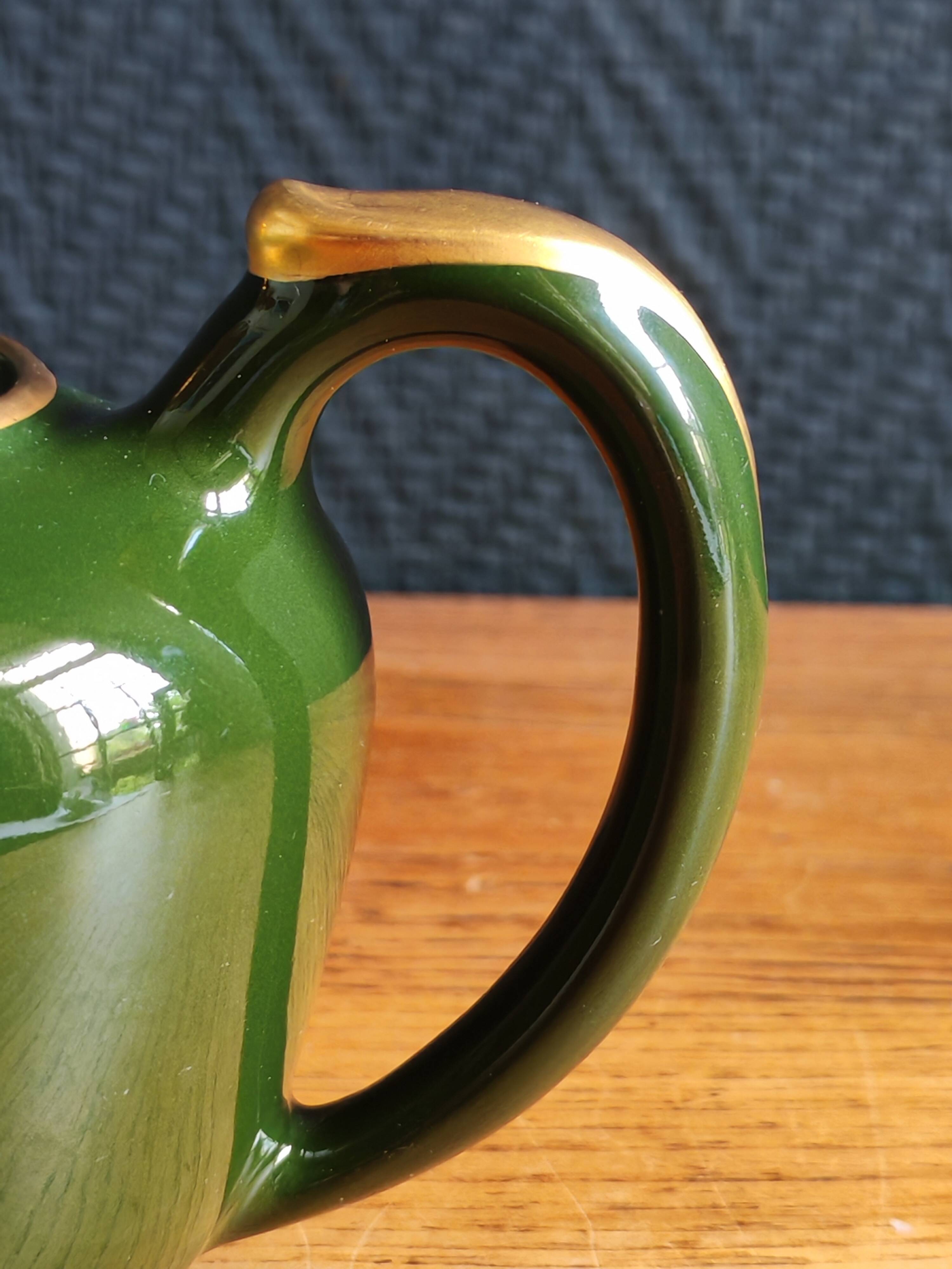 Vintage Teapot Mehun France Numbered, Green and Gold Porcelain