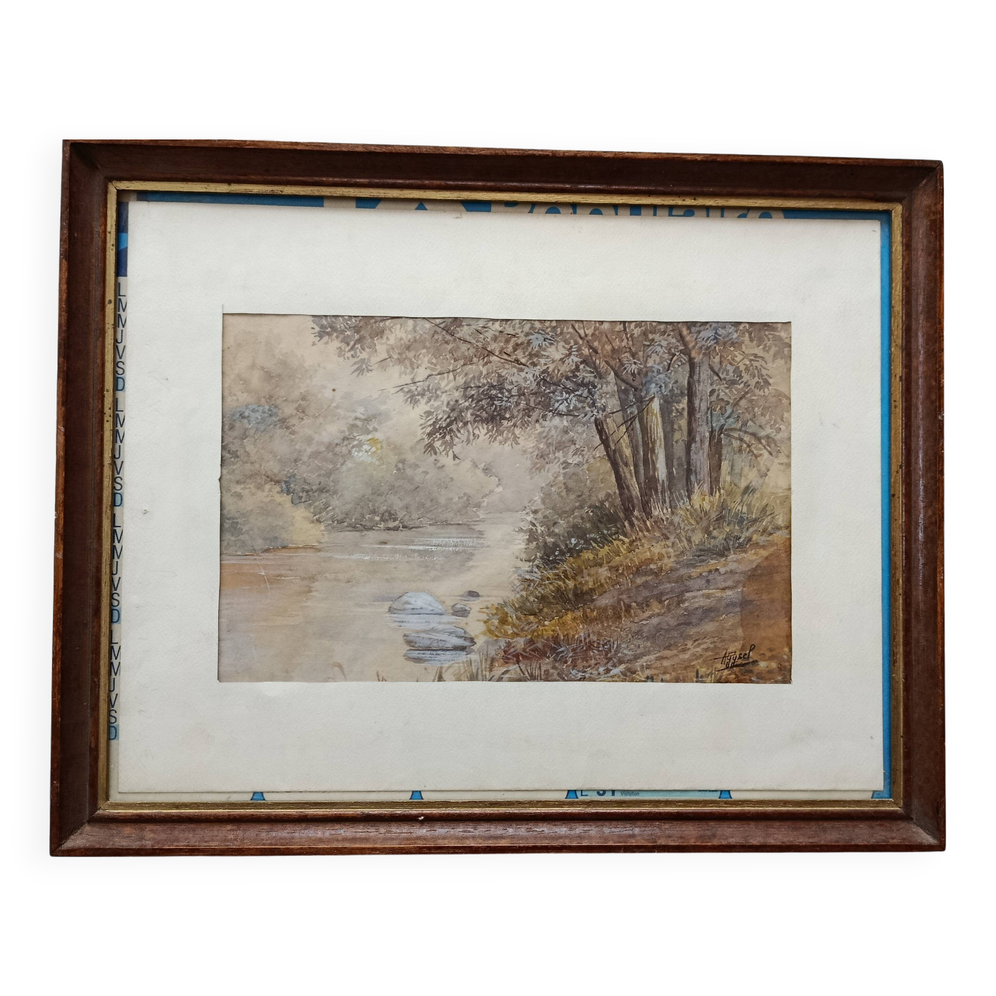 WATERCOLOR 1907 by Albert GYSEL River LA BOURRE towards MOTTE AU BOIS North