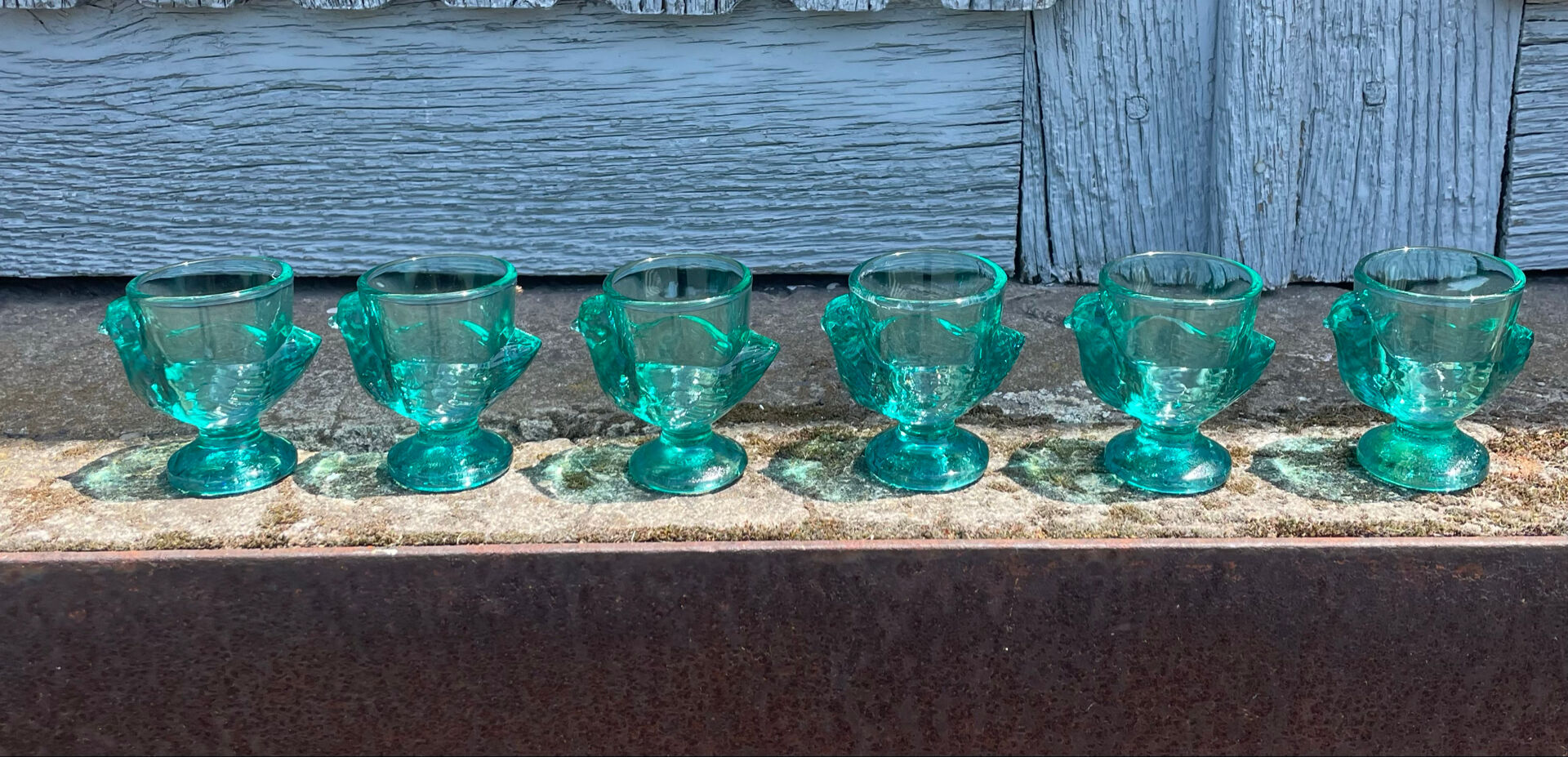 6 vintage turquoise chicken egg cups