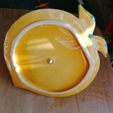 Old lemon-shaped cheese dish, vintage yellow ceramic brass handle 70s