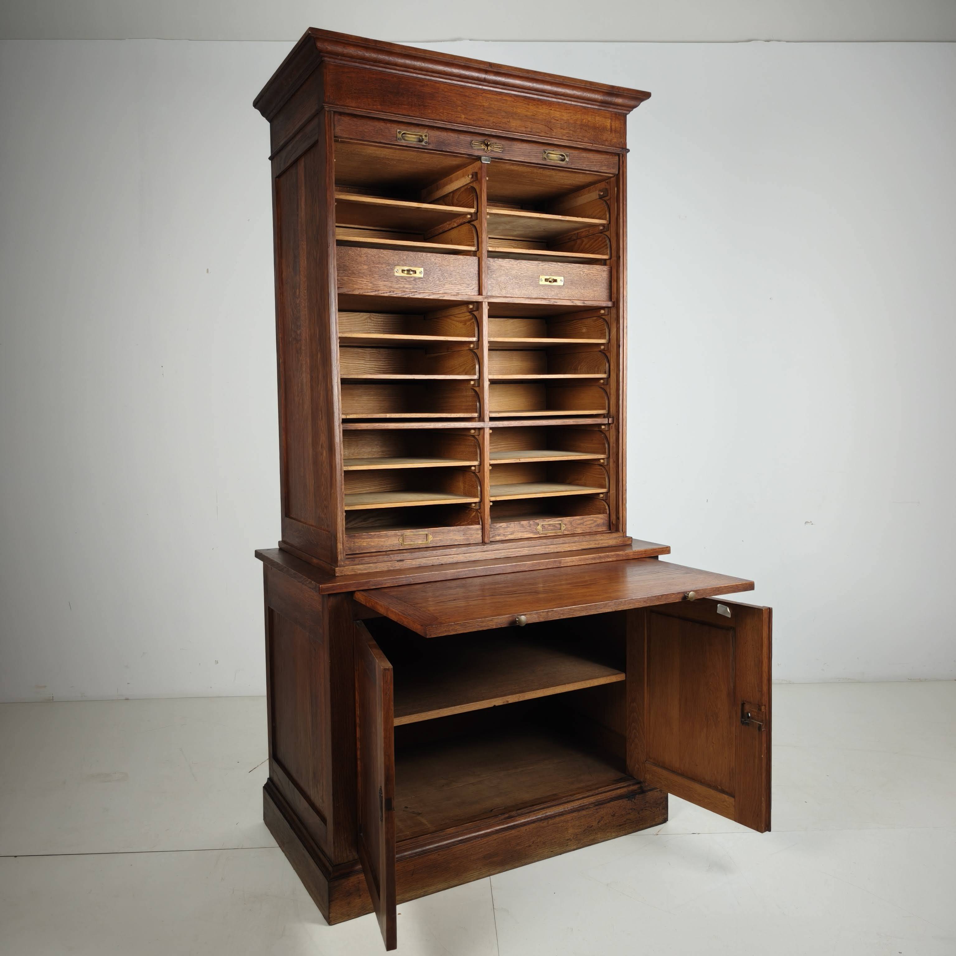 1930s Dutch Oak Roll-Top Notary Cabinet / Archive Cabinet