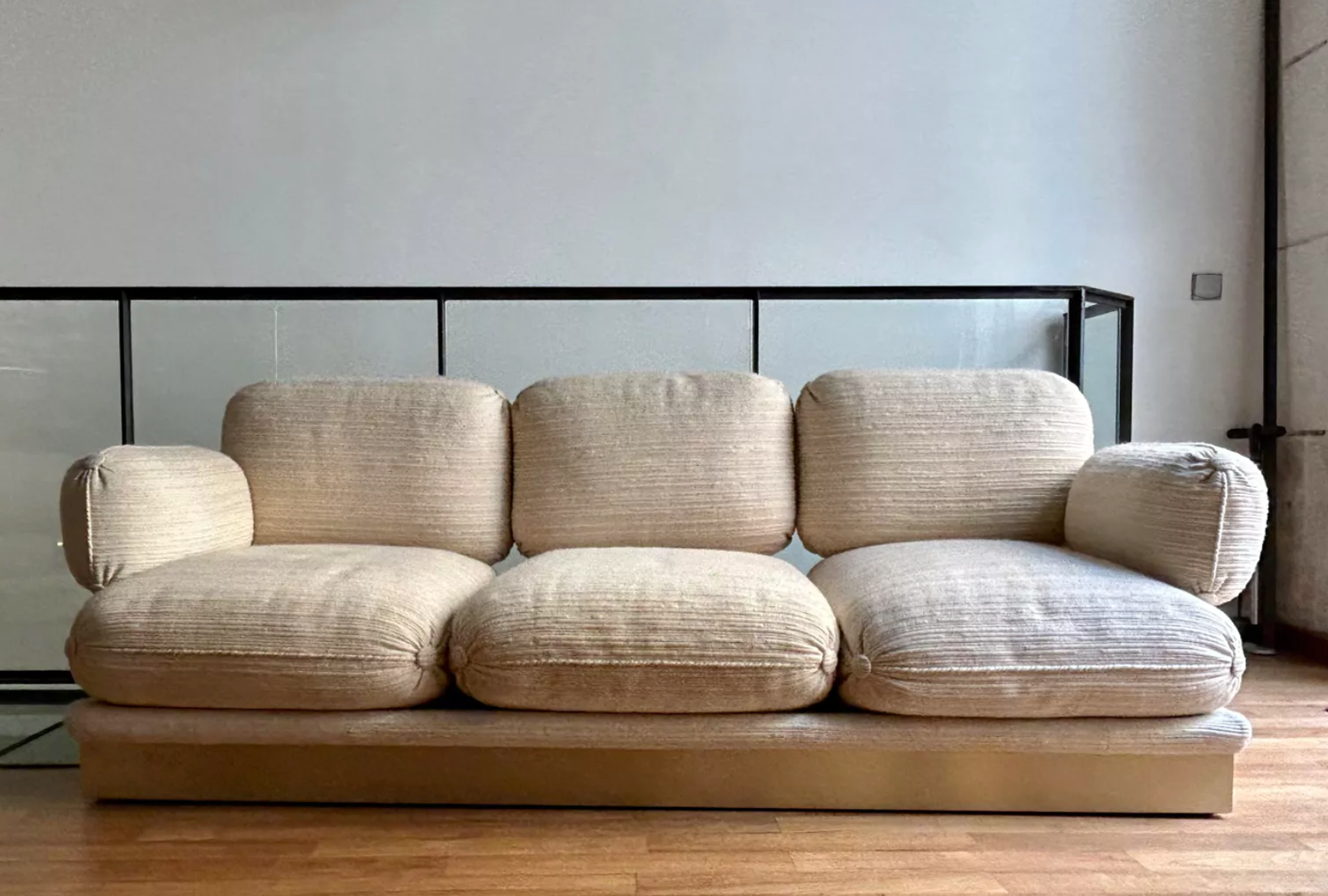 Vintage Thibier 3-seater sofa, beige fabric and brass, France 1978