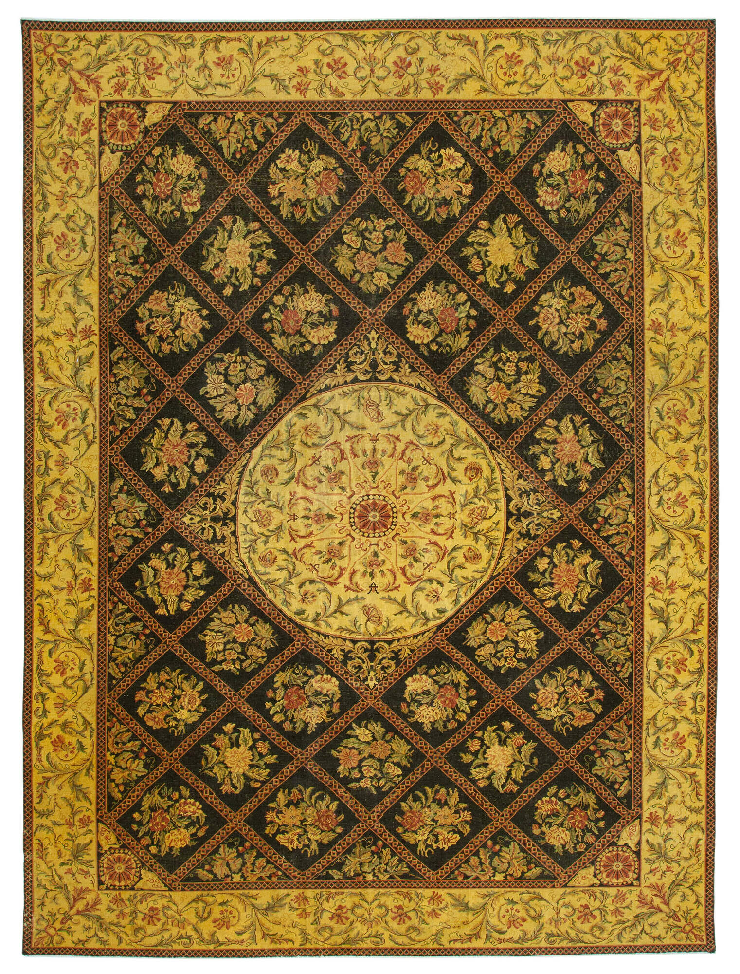 Handwoven persian overdyed 291 cm x 404 cm yellow wool rug
